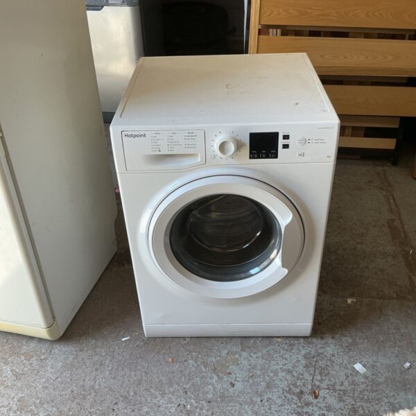 White Hotpoint washing machine front view for auction.