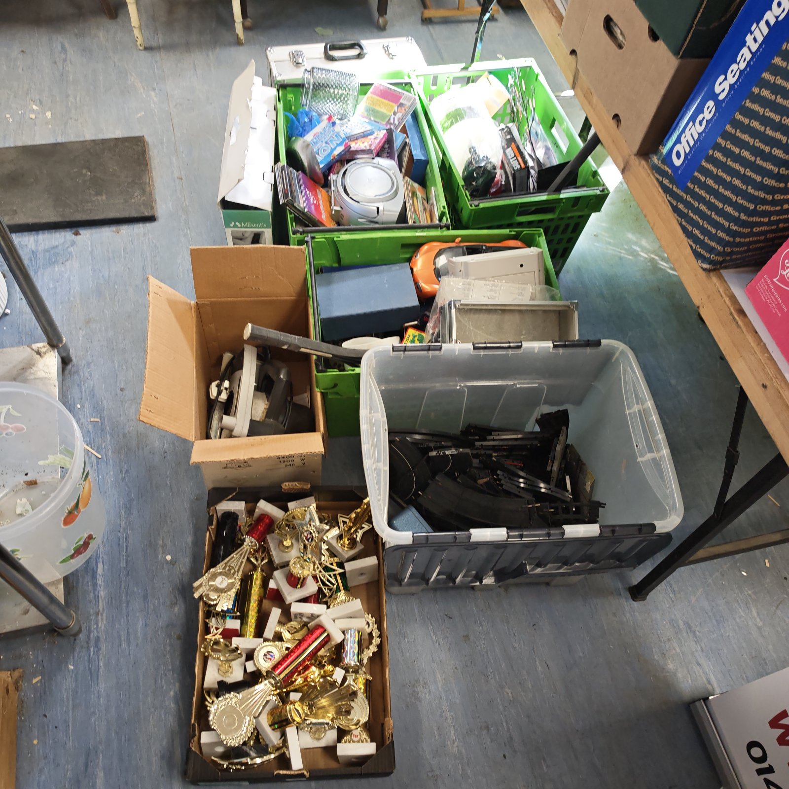 Large house clearance lot with Scalextric, tools and flight case.