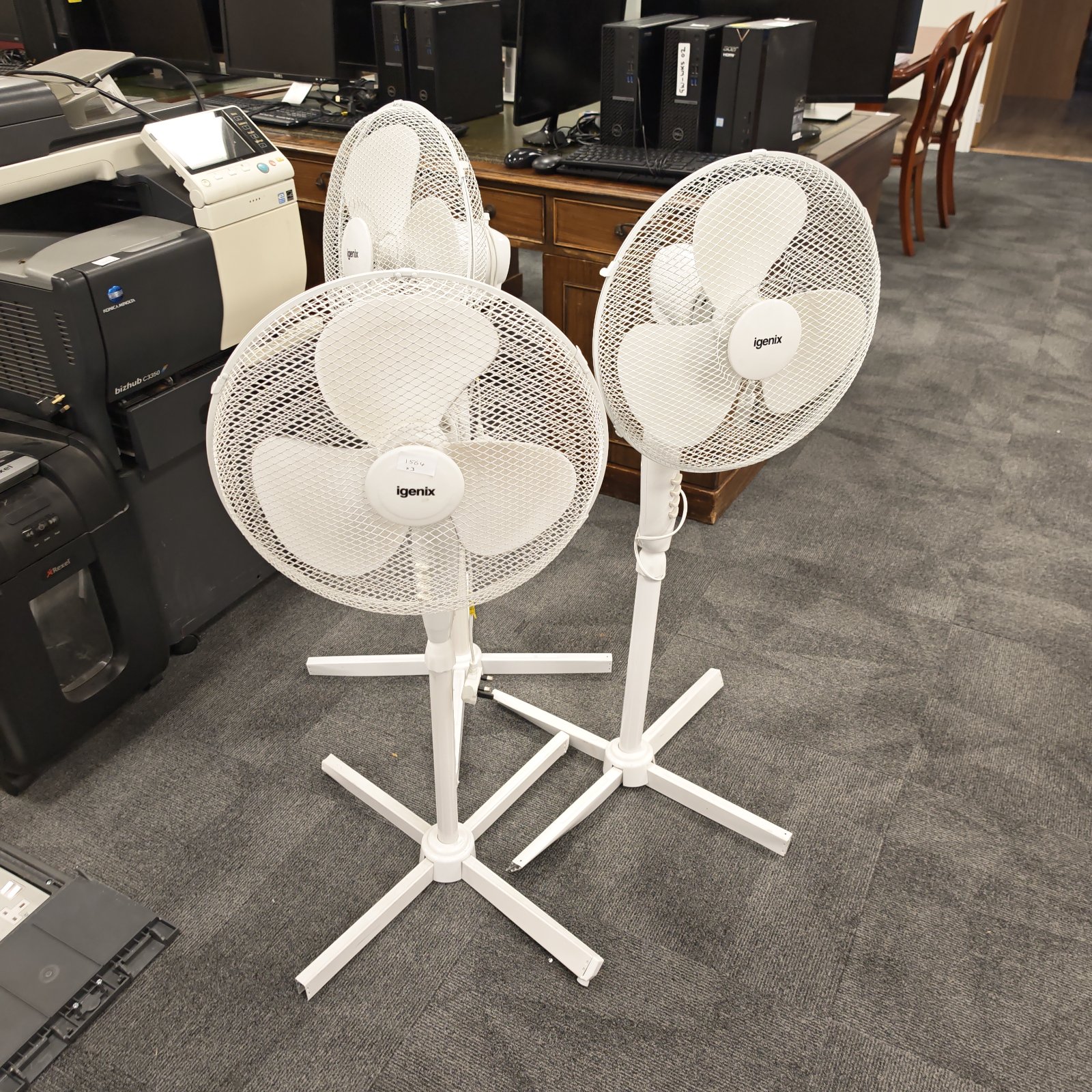 Lot of three white igenix floor standing fans.