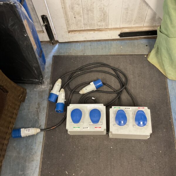Two portable industrial power distribution units with cabling.