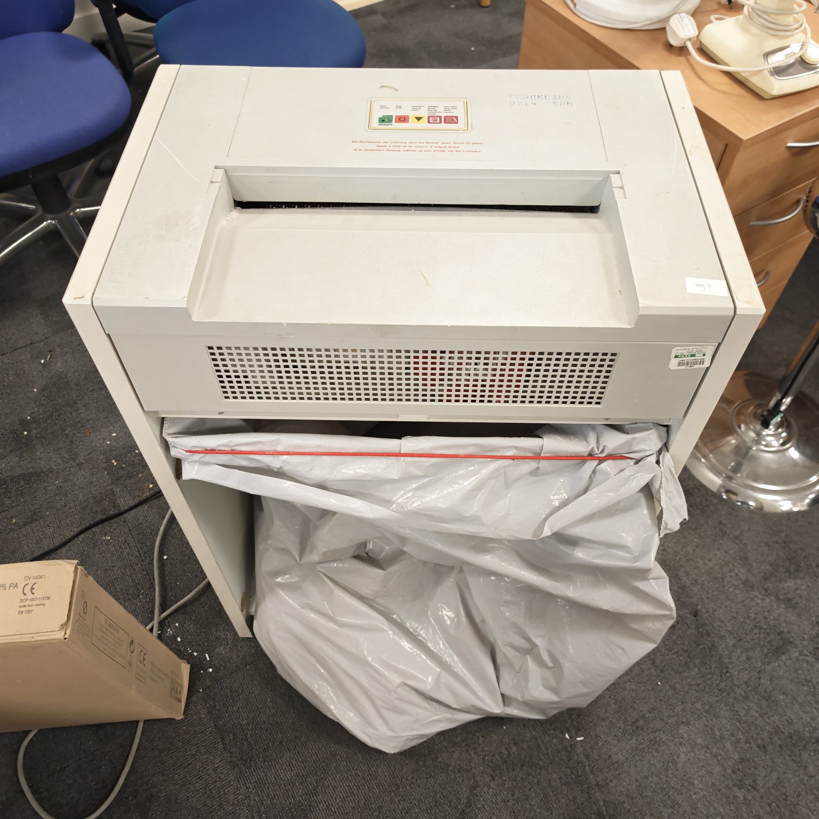 Large industrial HSM 120 shredder for office document destruction.