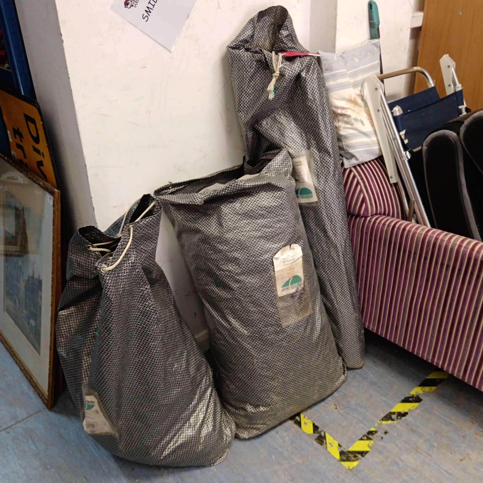 Vintage Jaipo canvas tent with awning, stored in a bag.