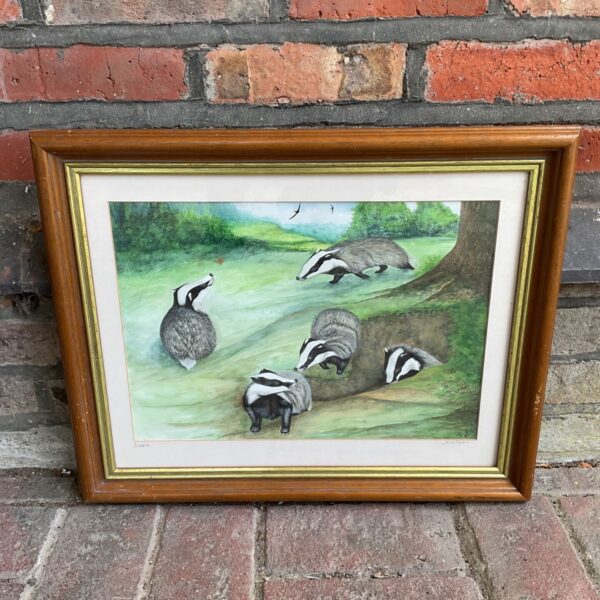 Original Jane Dron watercolour painting of badgers playing.