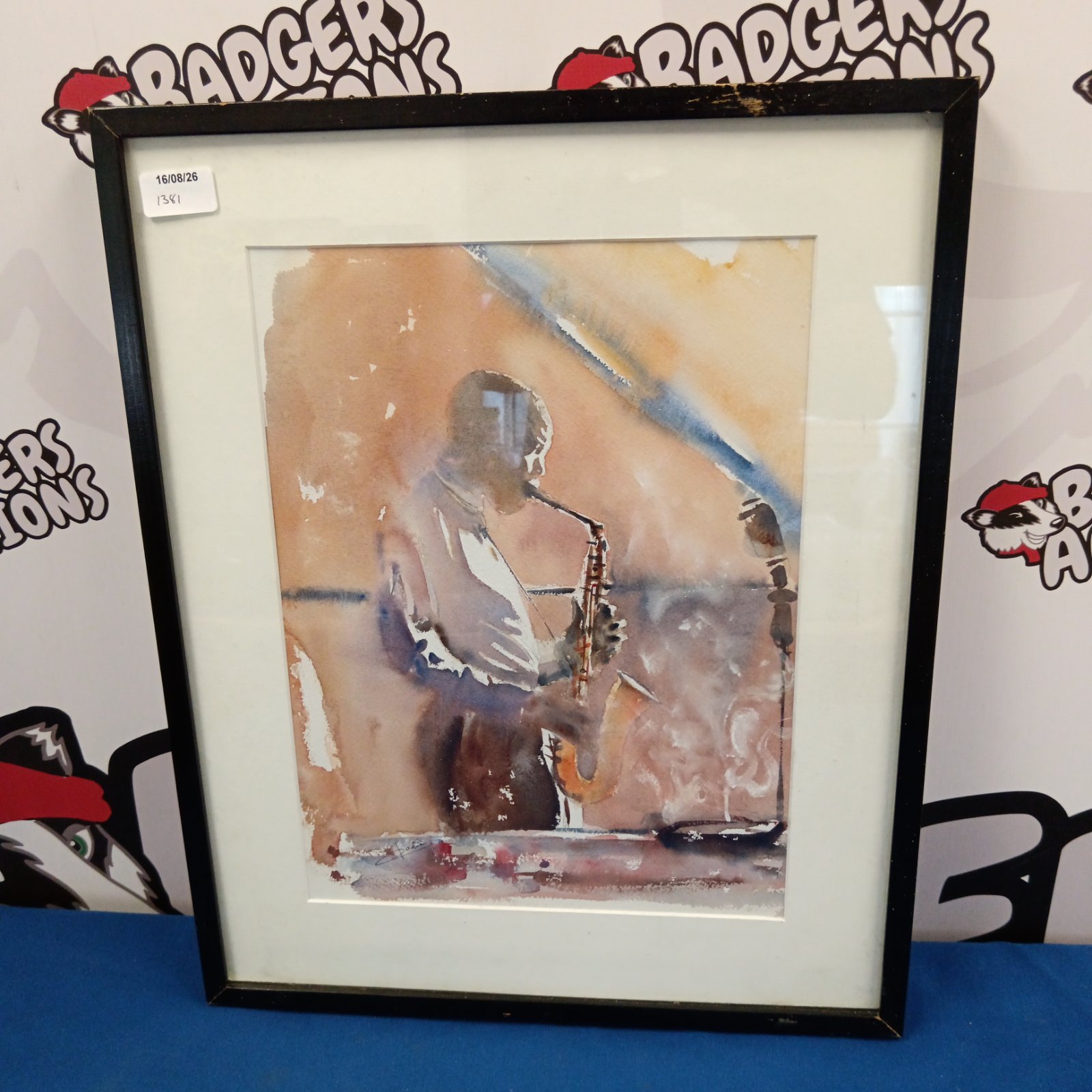 Signed watercolour painting of a jazz saxophonist by pafia.