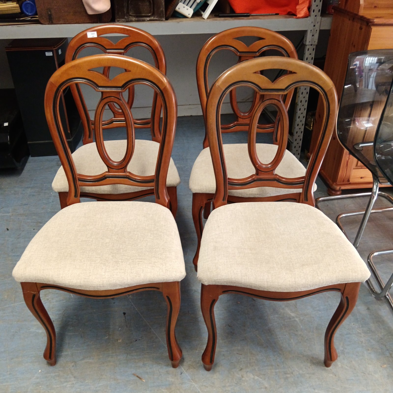 Set of four vintage John E Couple Ltd dining chairs with mahogany frames.