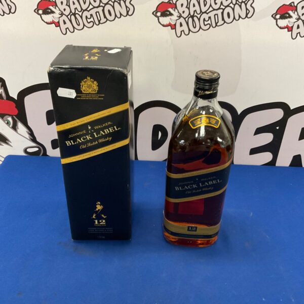 Johnnie Walker Black Label 1.75L whisky bottle with packaging.