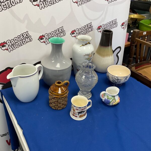 Vintage jug and vase collection including a Brainbox mug.