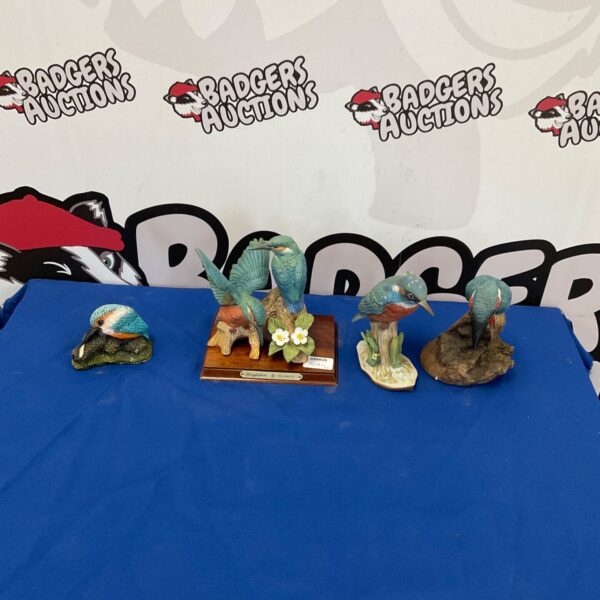 Four colourful Kingfisher bird figurines including a Leonardo model.