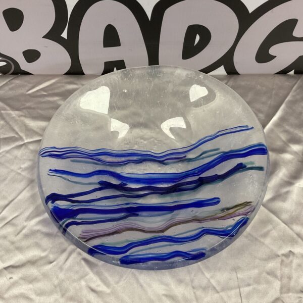 Stunning Kosta Boda art glass bowl with blue and white contrast design.