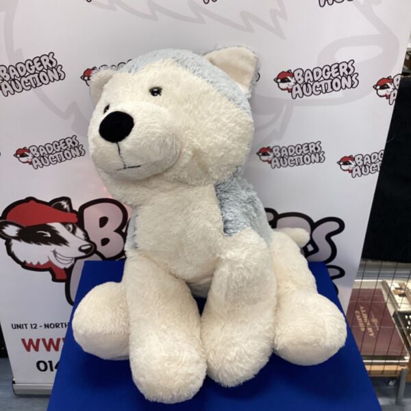 Large grey wolf soft toy for collectors and display.