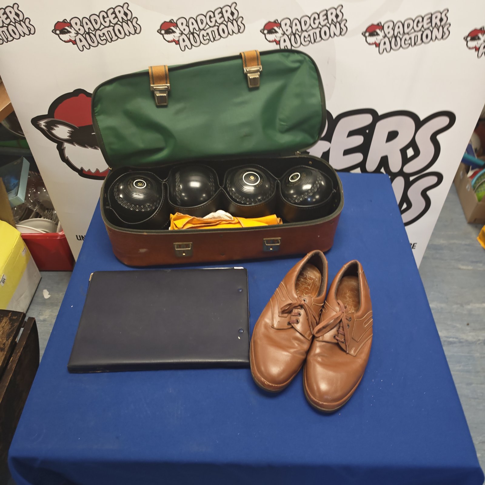 Lawn bowls set with bag and size 6.5 bowling shoes.