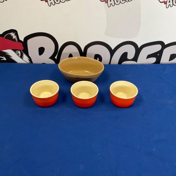 Vintage Le Creuset pie dishes and Mason pie dish lot.