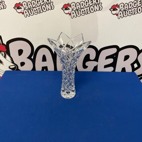 Elegant 11 inch lead crystal vase with a diamond pattern.