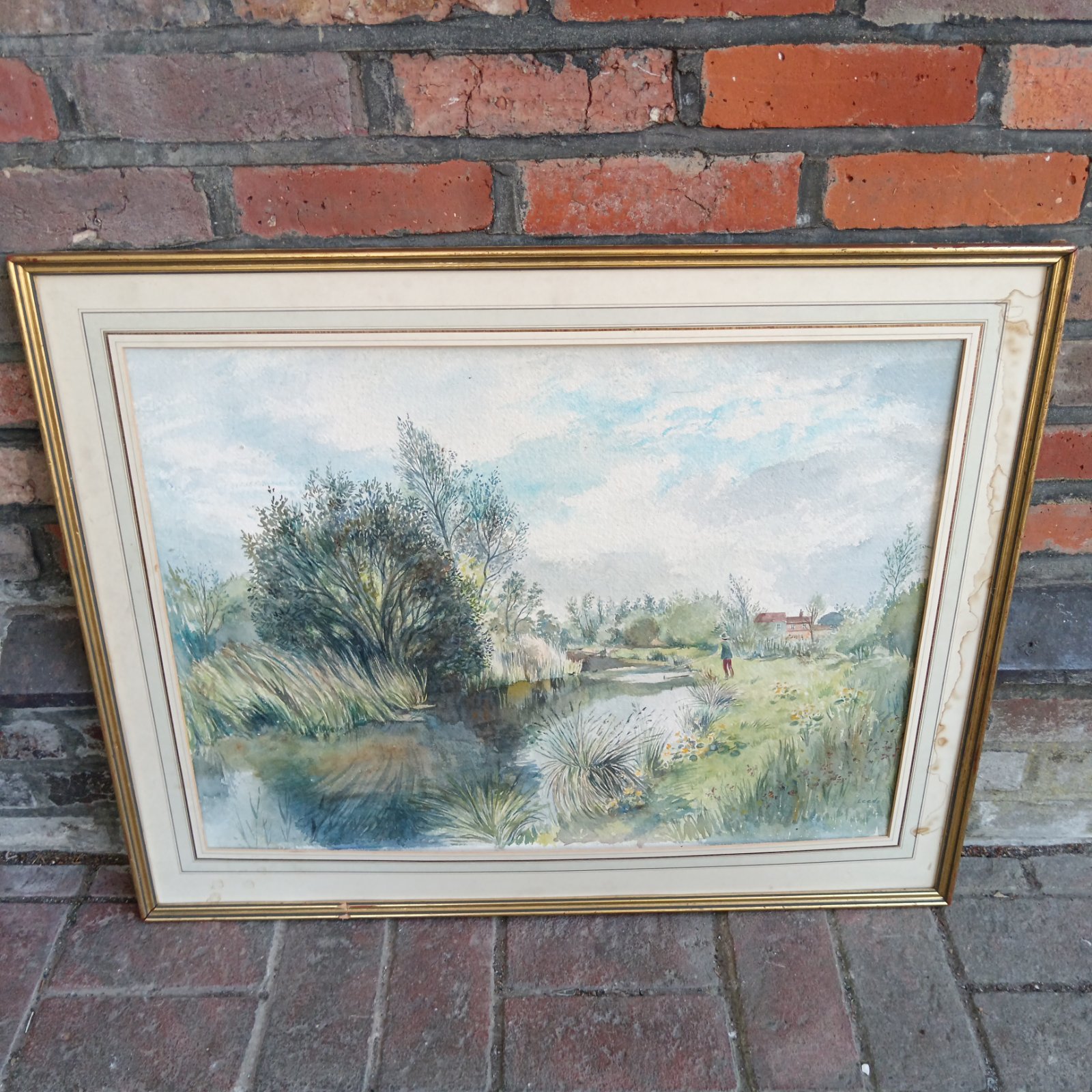 Signed Leeds watercolour painting of a peaceful river landscape.