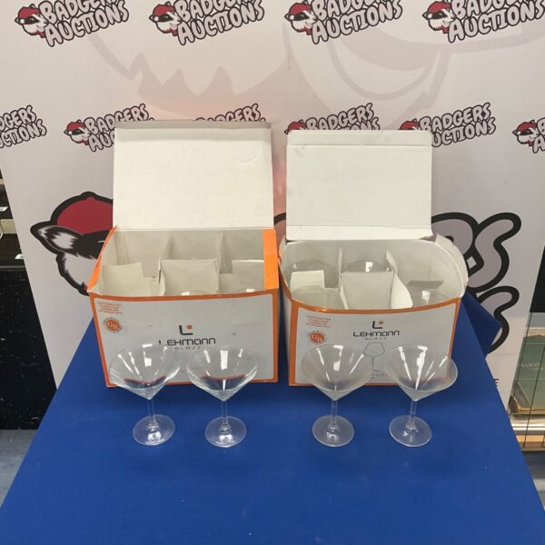 Set of twelve Lehmann Oenomust cocktail glasses in boxes.