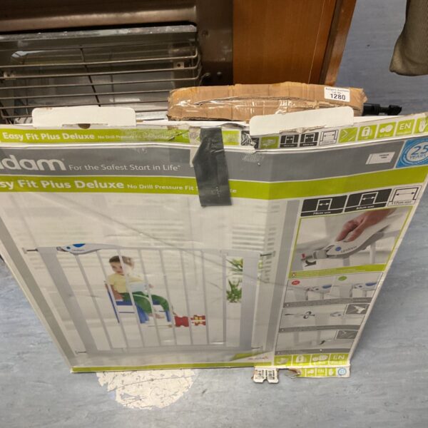Lindam Easy Fit Plus Deluxe safety gate in original packaging.
