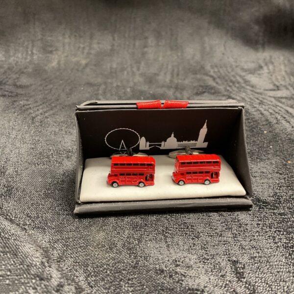 Red London double decker bus cufflinks, a unique accessory.
