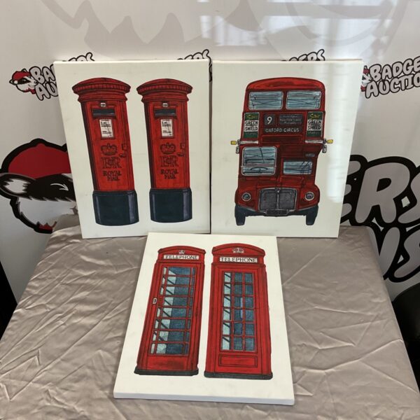 Set of three London canvas prints featuring a bus, post box, and phone box.