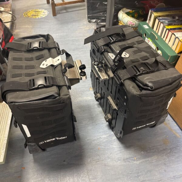 Black Lone Rider pannier bags for motorcycle adventure touring.