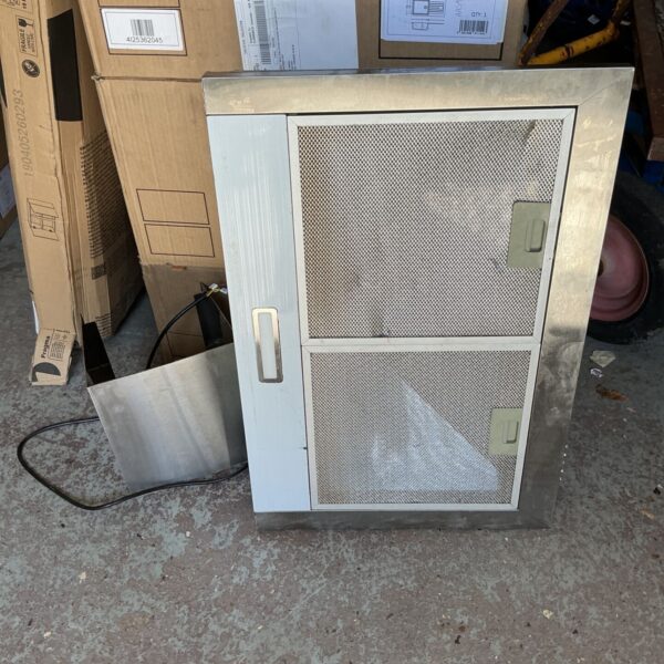 under-cabinet or visor-style kitchen cooker hood with dual mesh grease filters and a stainless steel frame