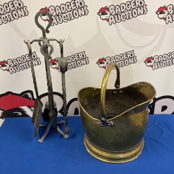 Vintage brass helmet coal scuttle & companion set