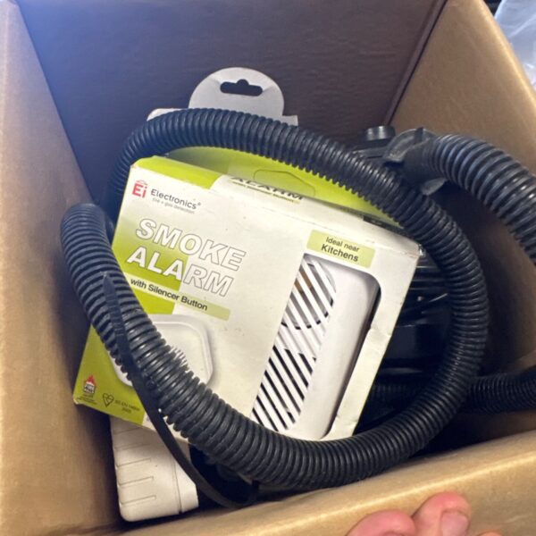 box of mixed items inc bestway electric pump, fire alarm & others