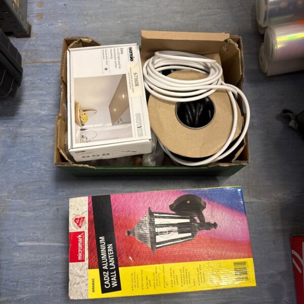 selection of shed clearance items inc electric wall lantern, part used cable reel & others