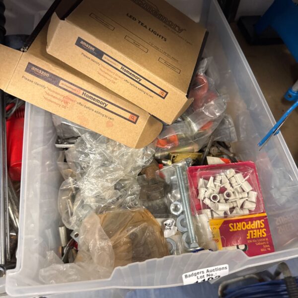 box of mixed shed clearance items inc led tea lights & others