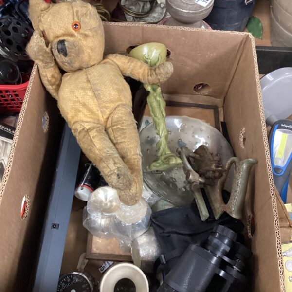 Box of mixed items inc antique teddy bear