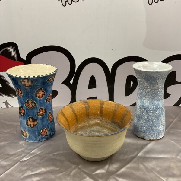 Pair of hand crafted studio pottery vases & bowl all stamped lisbeth on base