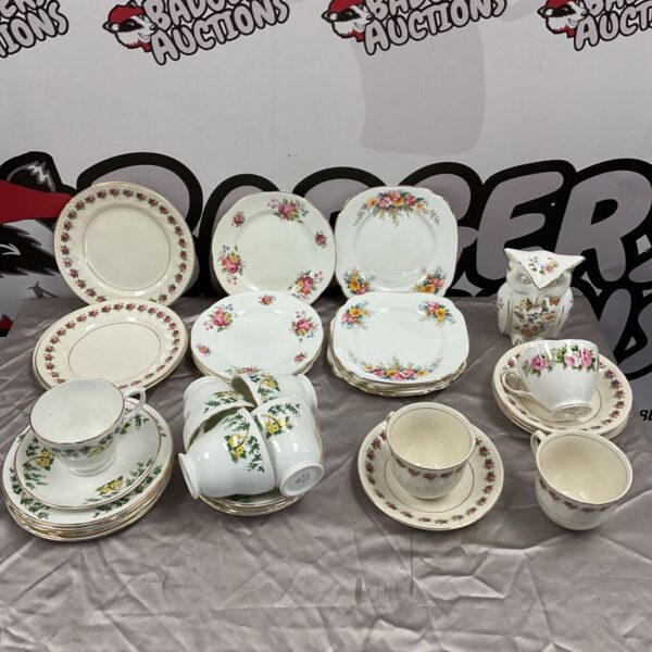 Aynsley owl figure with mixed bone China tea cups and plates inc Staffordshire