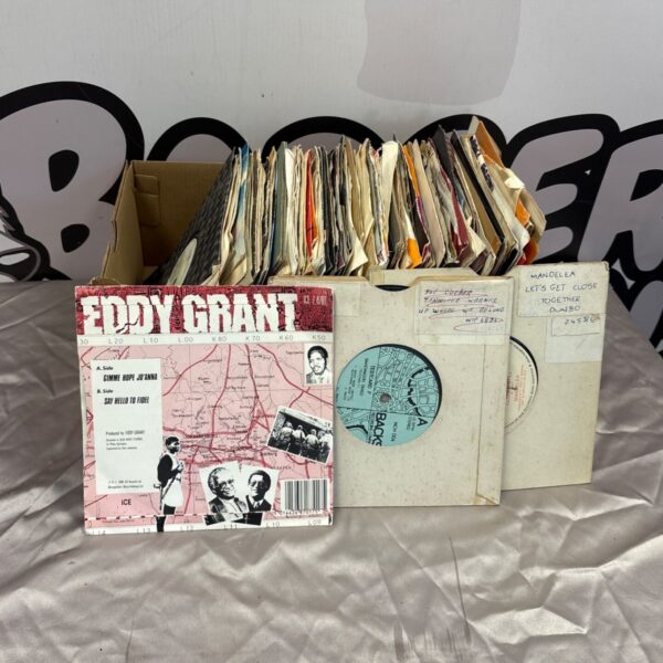 Box of mixed 7’ vinyl records inc eddy grant