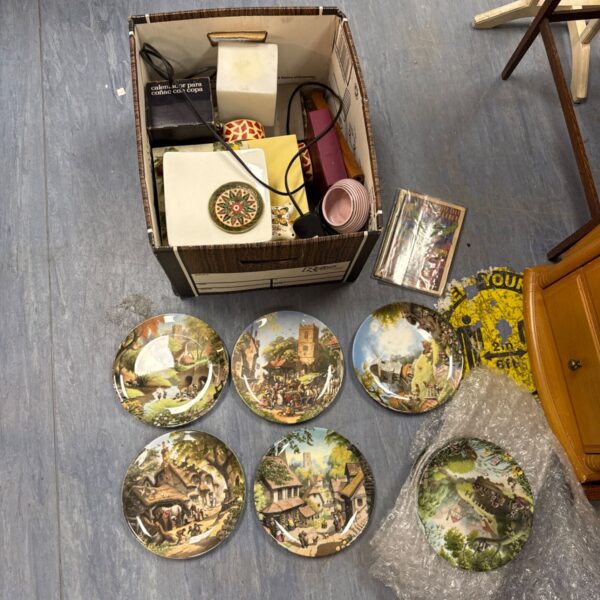Box of house clearance items inc coalport collectors plates, vintage spanish comic & others