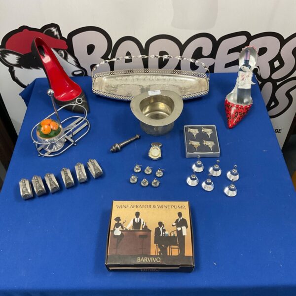 Mixed items inc Wine Shoe Holders, Ice Bucket , napkin rings and wine bottle opening set