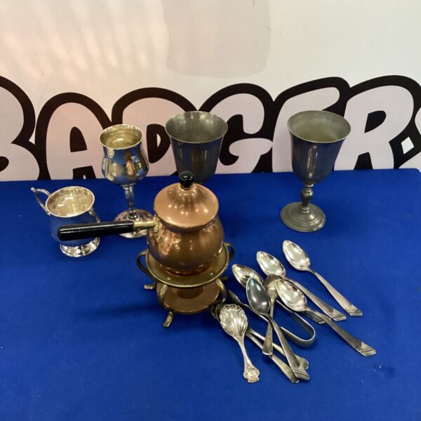 Selection of silver plate goblets, copper coffee pot and set of spoons
