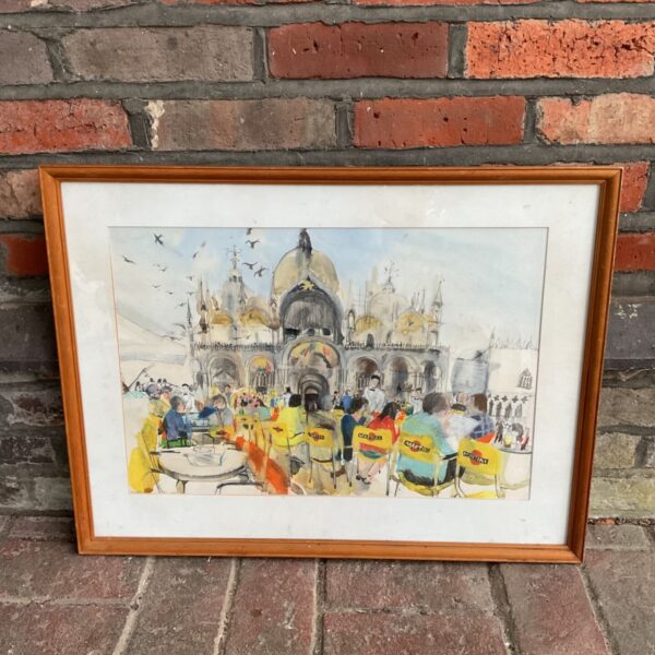 Signed Lumley watercolour painting of a bustling cafe street scene.