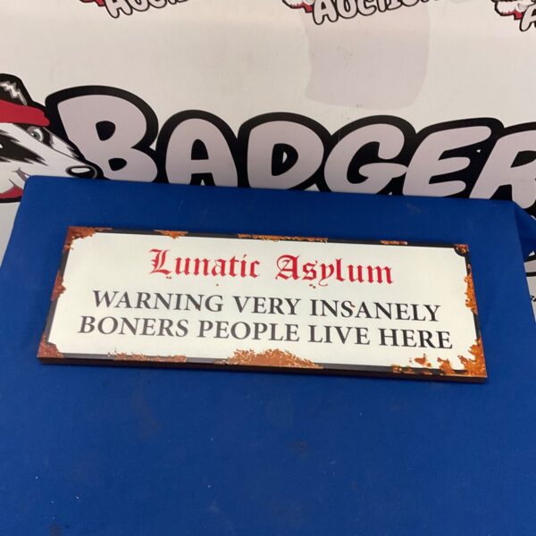 Vintage metal lunatic asylum sign with weathered patina.