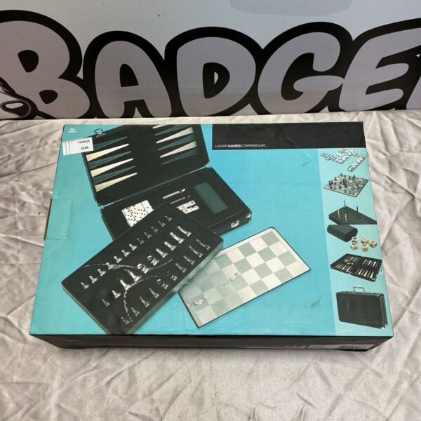 Vintage luxury games compendium, Model 800, open displaying chess and other games.