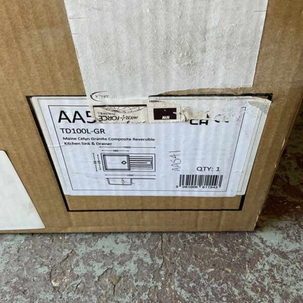 Maine Celyn TD100L-GR kitchen sink and drainer in cardboard box.