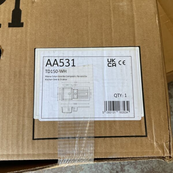 Maine TD150-WH kitchen sink packaging showing model details.