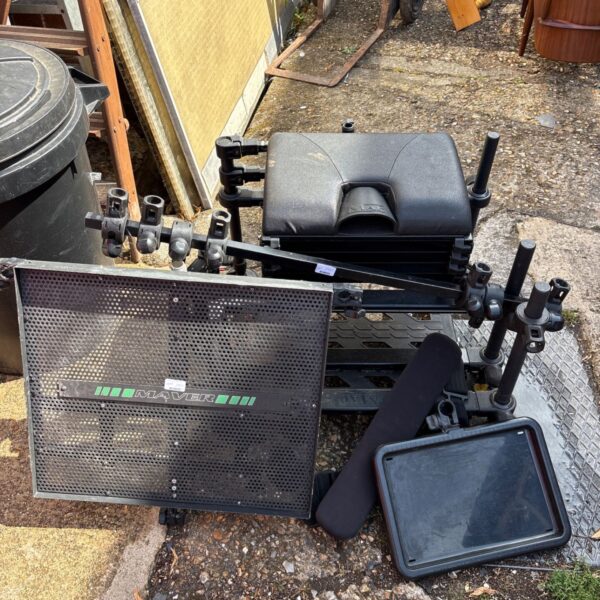 Used Map Z30 fishing seat box with various angling accessories attached.