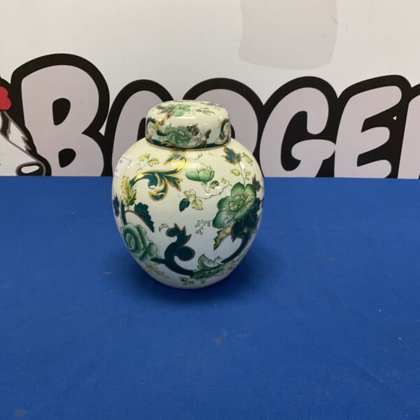 Vintage Masons ginger jar with colourful floral pattern.