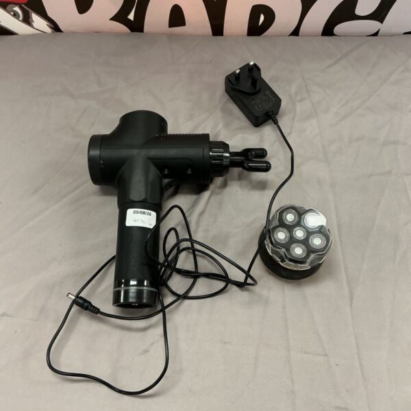 Combined massage gun and electric shaver device with charging cable.