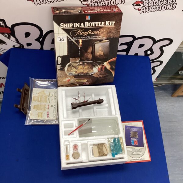 Vintage MB Crafts Mayflower ship in a bottle kit, showing the packaging.