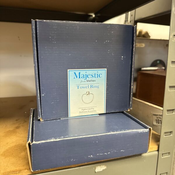 New Meltex Majestic towel rings in original packaging, vintage bathroom accessory.