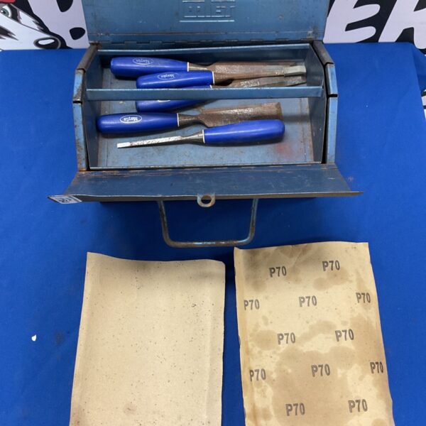 Vintage metal toolbox with chisels and P70 sandpaper inside.