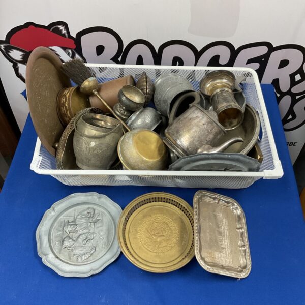 Vintage metalware tray lot with silver plate and brass items.