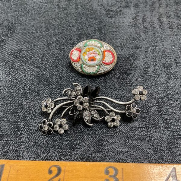 Antique millifiori and rhinestone floral brooches, vintage jewelry.