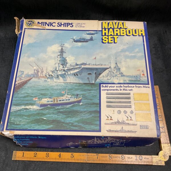 Vintage Hornby Minic Ships Naval Harbour Set box front view.