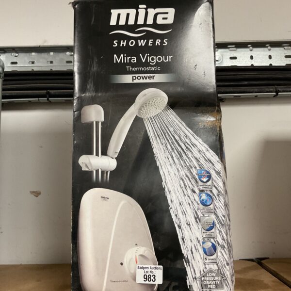 White Mira Vigour thermostatic power shower unit with chrome head.